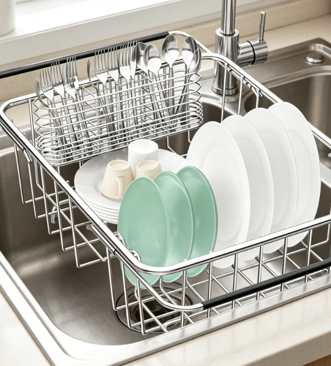 Adjustable Stainless Steel Sink Dish Rack – Rustproof Dish Organizer (with Utensil Holder)